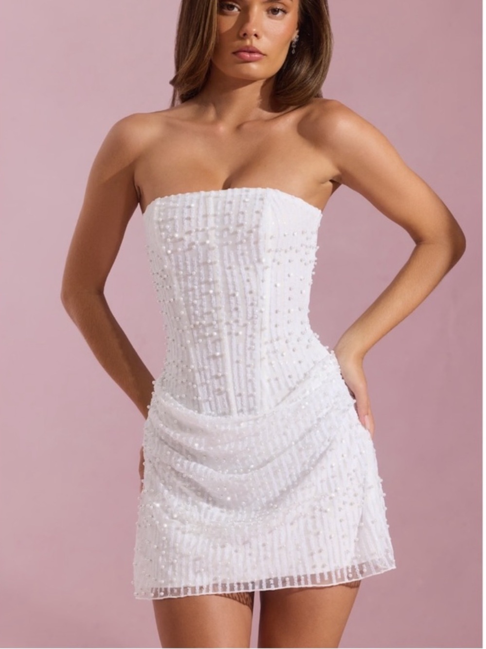 Oh Polly White Strapless Beaded Mini Dress